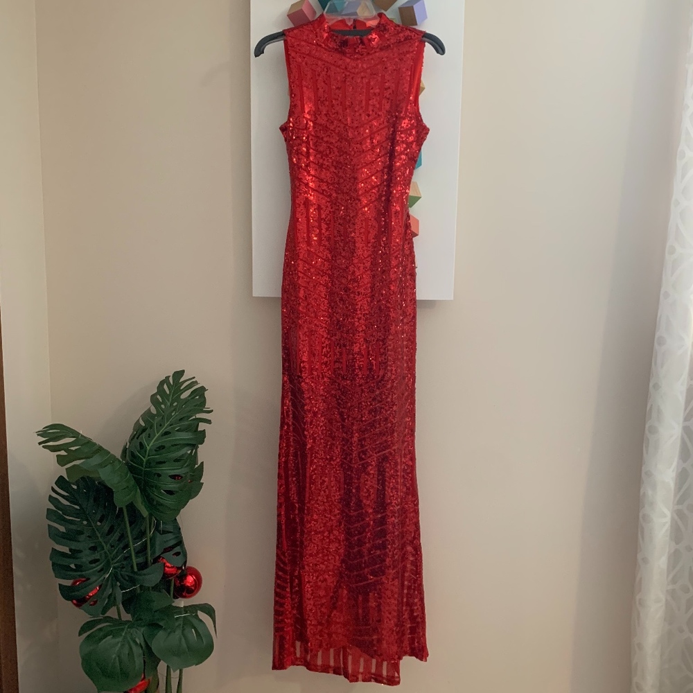 Full length Red Sequin Open Back Dress S
